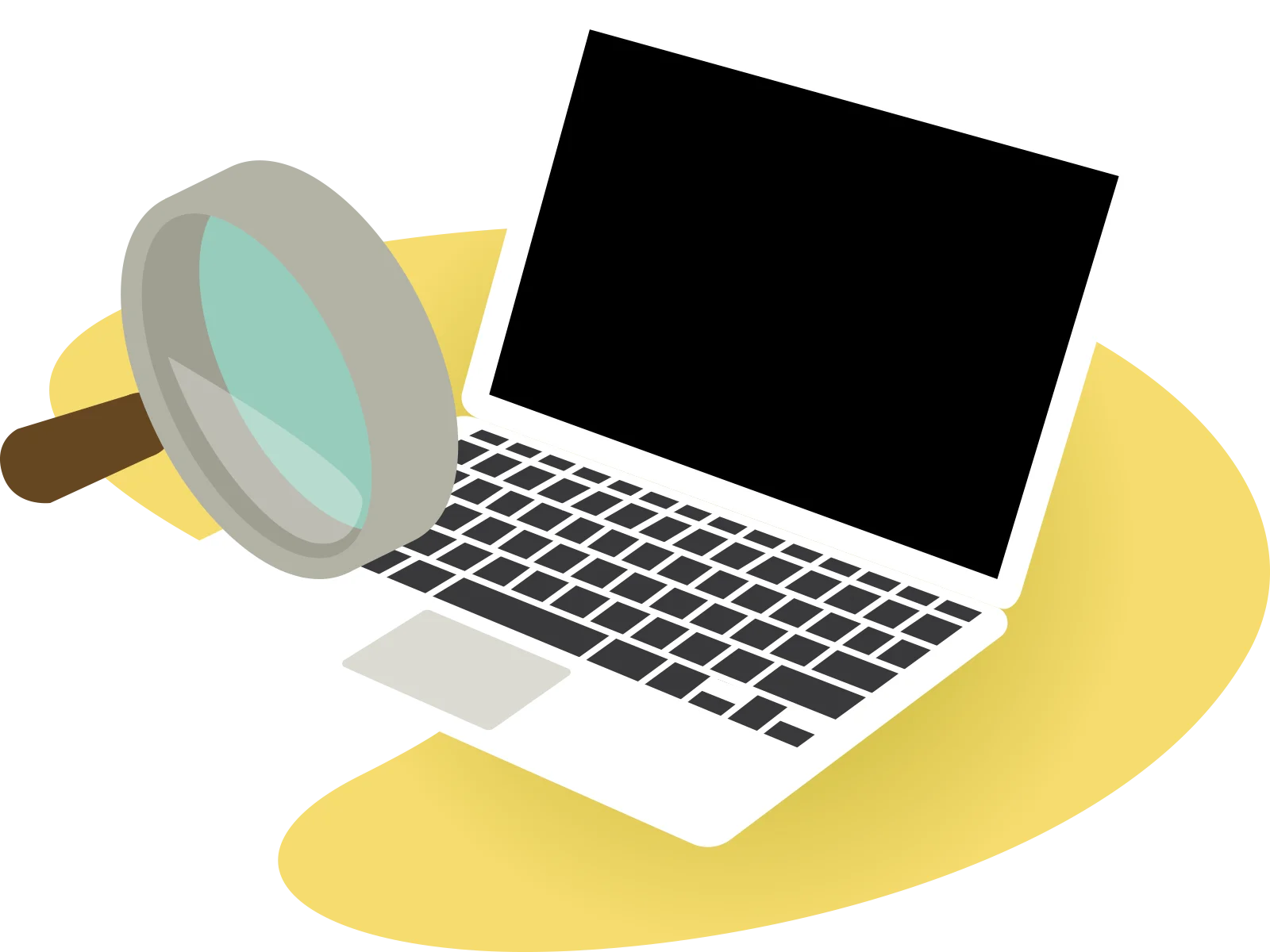 Illustration of a laptop and magnifying glass on a yellow shape, representing research and analysis